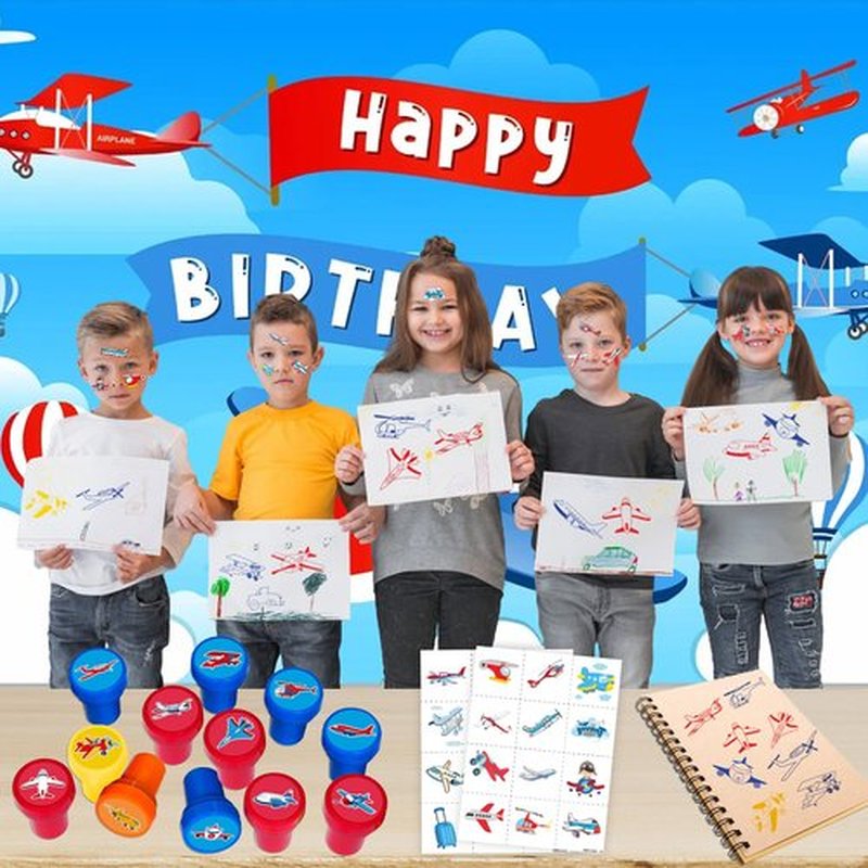 36PCS Airplane Party Favors - 24PCS Pre-Cut Temporary Tattoos & 12PCS Stamps - Ideal Aircraft Themed Birthday Card Decorations Supplies Goodie Bag Baby Shower Kids Gifts Classroom Rewards Prizes