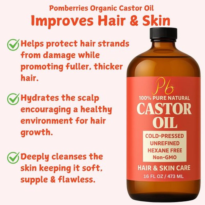 Pomberries Castor Oil 16 fl oz Glass Bottle | 100% Pure, Cold-Pressed & Unrefined, Hexane-Free Castor Oil for Hair & Scalp, Lashes & Brows, Skin & Body | Aceite de Ricino 100 Puro y Natural