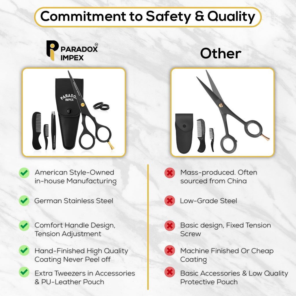 PARADOX IMPEX 5” Beard and Mustache Scissors, German Stainless Steel Beard Scissors Come with 1 Tweezers, 1 Beard Comb, 1 Mustache Comb and Pouch, Hair Scissors for All Facial Hairs. (Black)