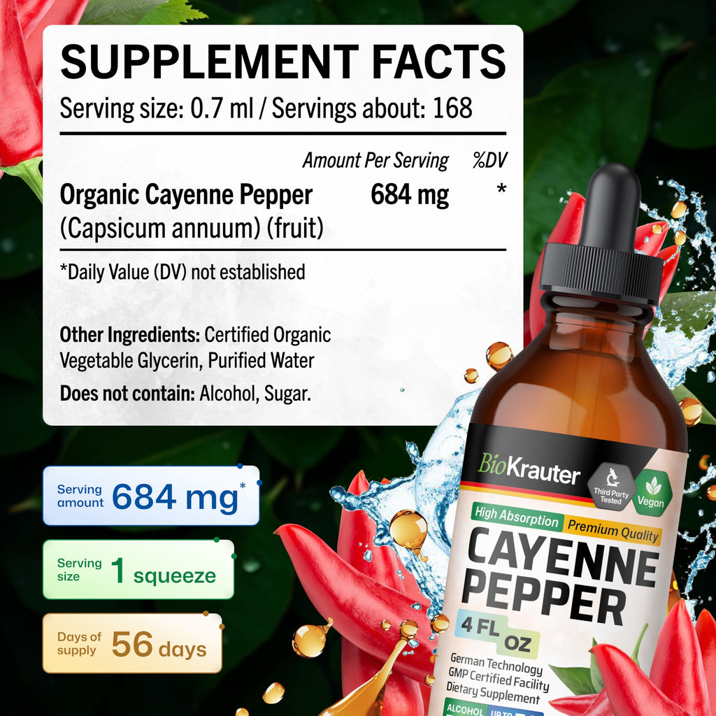 BIO KRAUTER® Cayenne Pepper for Circulatory & Digestive Support - Pure Vegan Capsaicin Supplements - 4 Fl.Oz Cayenne Pepper Drops - Natural Capsaicin, Alcohol & Sugar Free, 56 Days of Supply