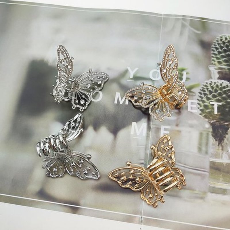 4PCS Vintage Butterfly Hair Clips for Hair, Metal Gold Rhinestone Butterfly Mini Hair Clips Sparkly Diamond Claw Clips Alloy Fancy Thick Hair Barrette Clamp for Women Girls