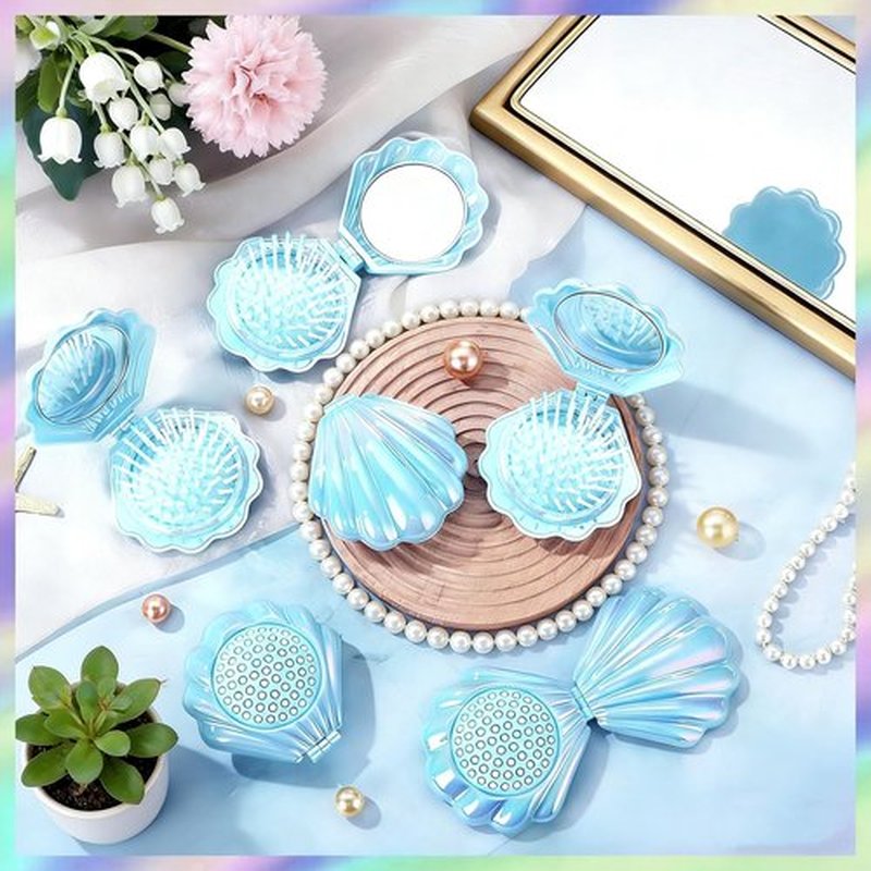 MAMODA 12 Pcs Shell Mirror Hair Brush Mermaid Birthday Party Favors Travel Comb for Women Teen Girls Kids Mini Gift Little Mermaid Party Favors (Blue)