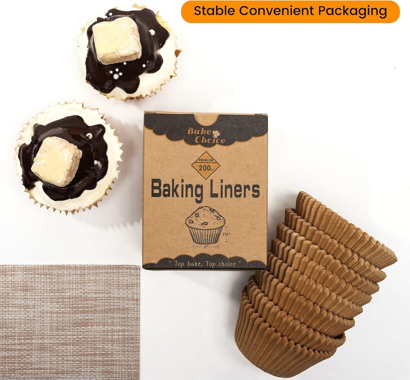 Bake Choice Cupcake Liners - 200 Pcs Food-Grade Brown Grease-Proof Muffin Wrappers for Baking & Decorating