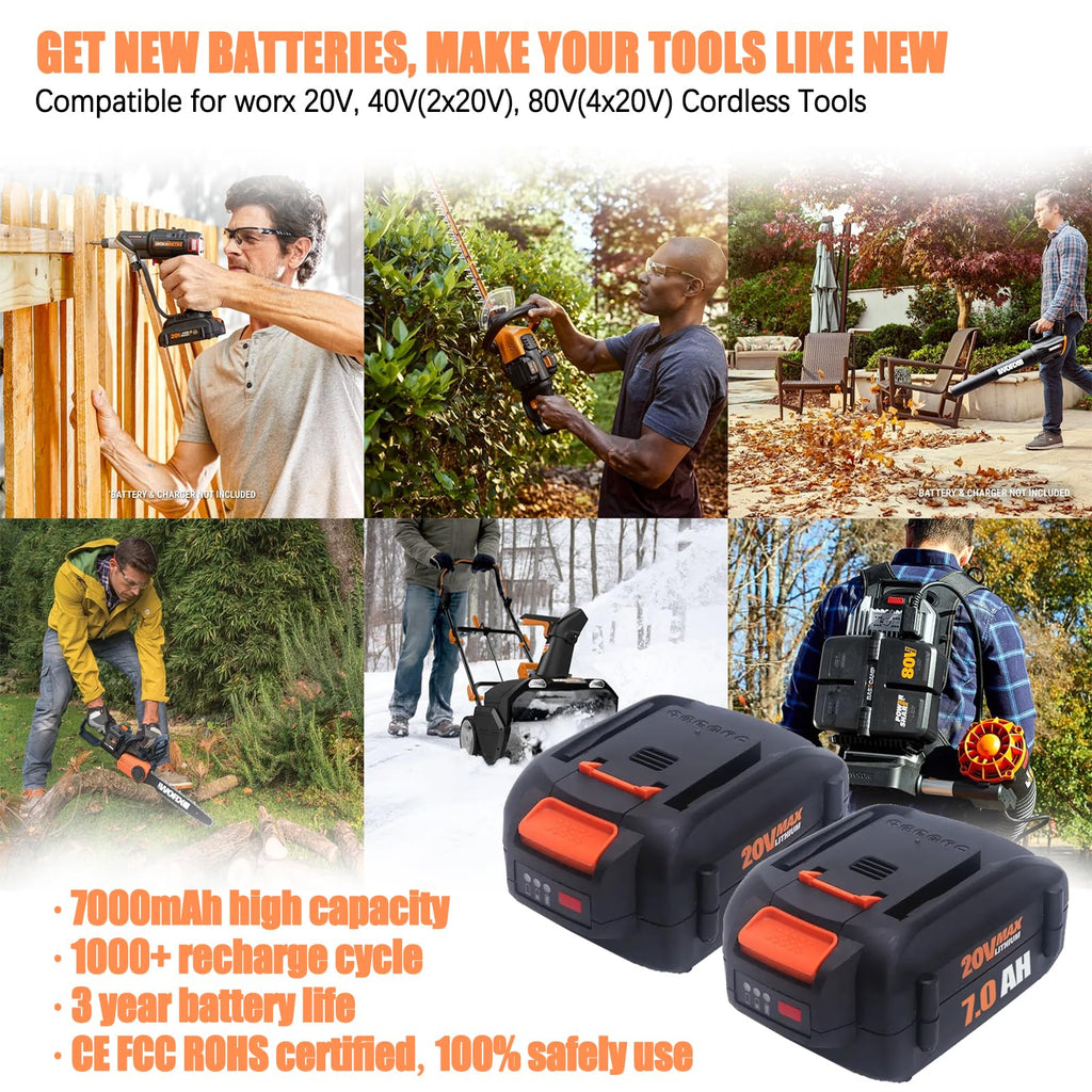 Upgraded 7000mAh 2Pack 20V Battery Compatible for Worx Battery 20V PowerShare WA3674 WA3678 WA3669 WA3575 WA3525 WA3520 WA3577 WA3578 WG151s WG155s WG251s