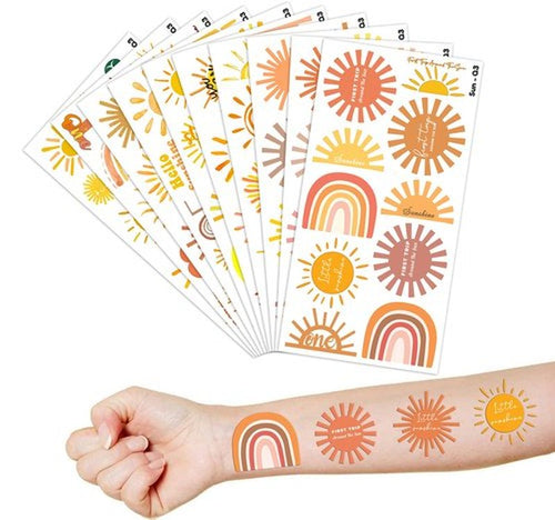 100PCS Boho Sunshine Sun Temporary Tattoos Themed Birthday Party Decorations Favors Supplies Decor Hello Sunshine Sunset Stickers Cute Gifts for Game Kids Boys Girls Class Prizes Carnival