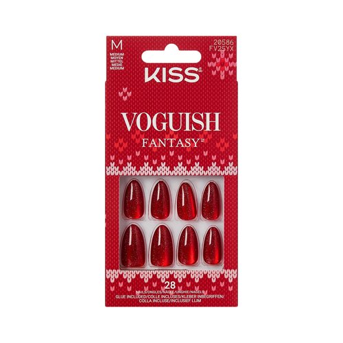 KISS Voguish Fantasy Holiday Press On Nails Almond, ‘Carol for You’, Red, Medium, No Damage To Natural Nails, Pink Gel Nail Glue (2g), Mini Nail File, Manicure Stick, & 28 Fake Nails