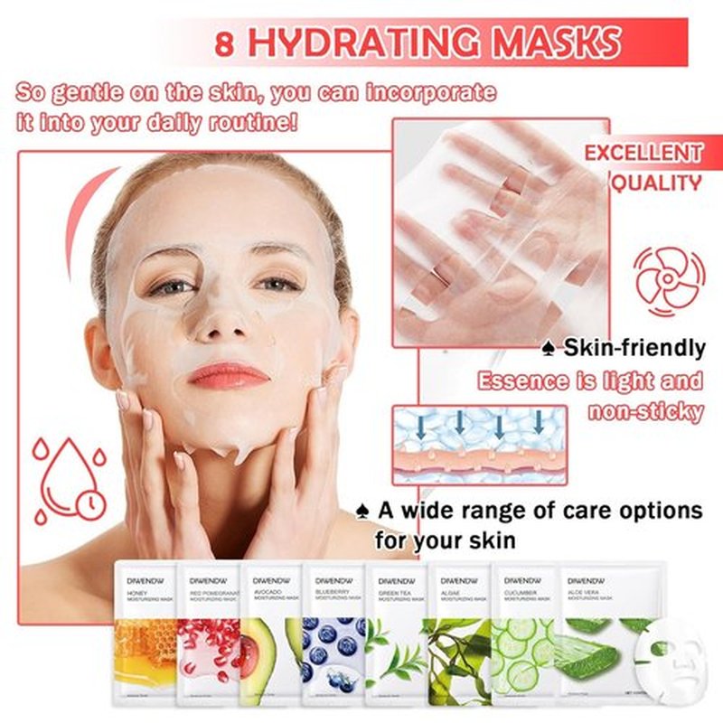 Skiennix 8PCS Hydrating Facial Sheet Masks - Moisturizing for All Skin Types | Revitalize Your Skin