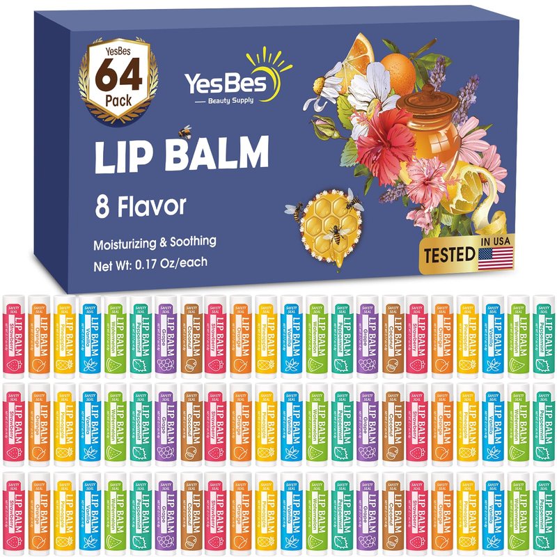 YesBes 64 Pack Lip Balm, Natural Lip Balm Bulk with Vitamin E and Coconut Oil, Moisturizing Lip Balms for Dry Cracked Lips, Lip Balms for Valentines Gifts Stocking Stuffers - 8 Flavors