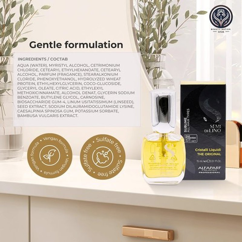 Alfaparf Sublime Cristalli Liquidi Hair oil serum Bundle with Beauty Nation treatment cap, sulfate free and vegan formula, Hair heat protectant 15ML