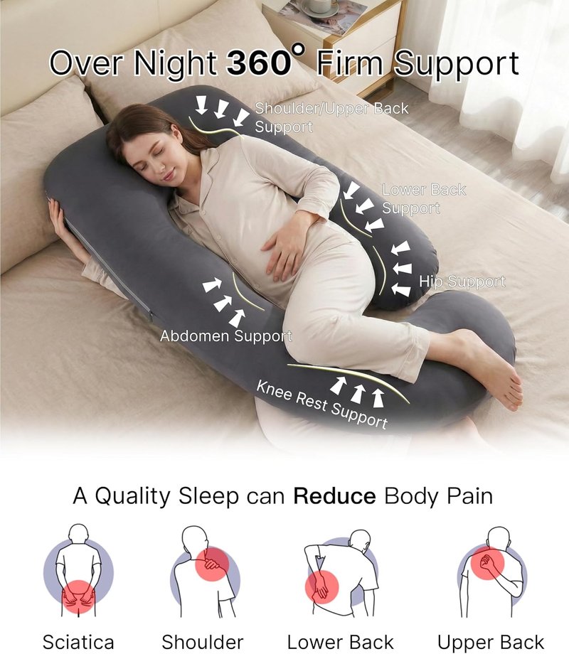 ALLOPERA Pregnancy Pillow - Full Body 57 Inch Maternity Support with Removable Washable Cover | Black Milk Fiber