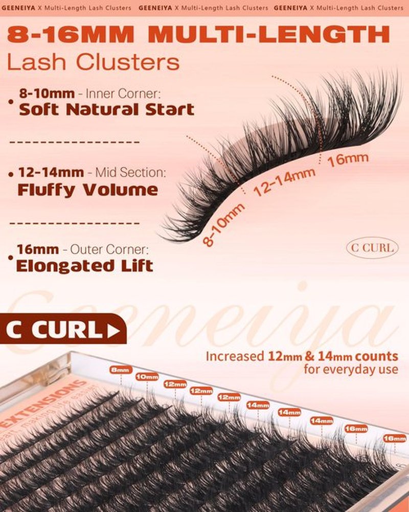 Geeneiya Fluffy Lash Clusters 8-16mm, Natural 3D Fluffy Effect Eyelash Clusters, C Curl DIY Cluster Eyelash Extensions for Salon-Like Lashes at Home