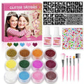 12 Color Temporary Glitter Tattoo Kit for Kid, with 92 Stencils, 2 diamond stickers, 2 Glues & 5 Brushes, Adults & Kids Arts Glitter Make Up Kit, Beautiful Holiday Gifts for Girls & Boys.