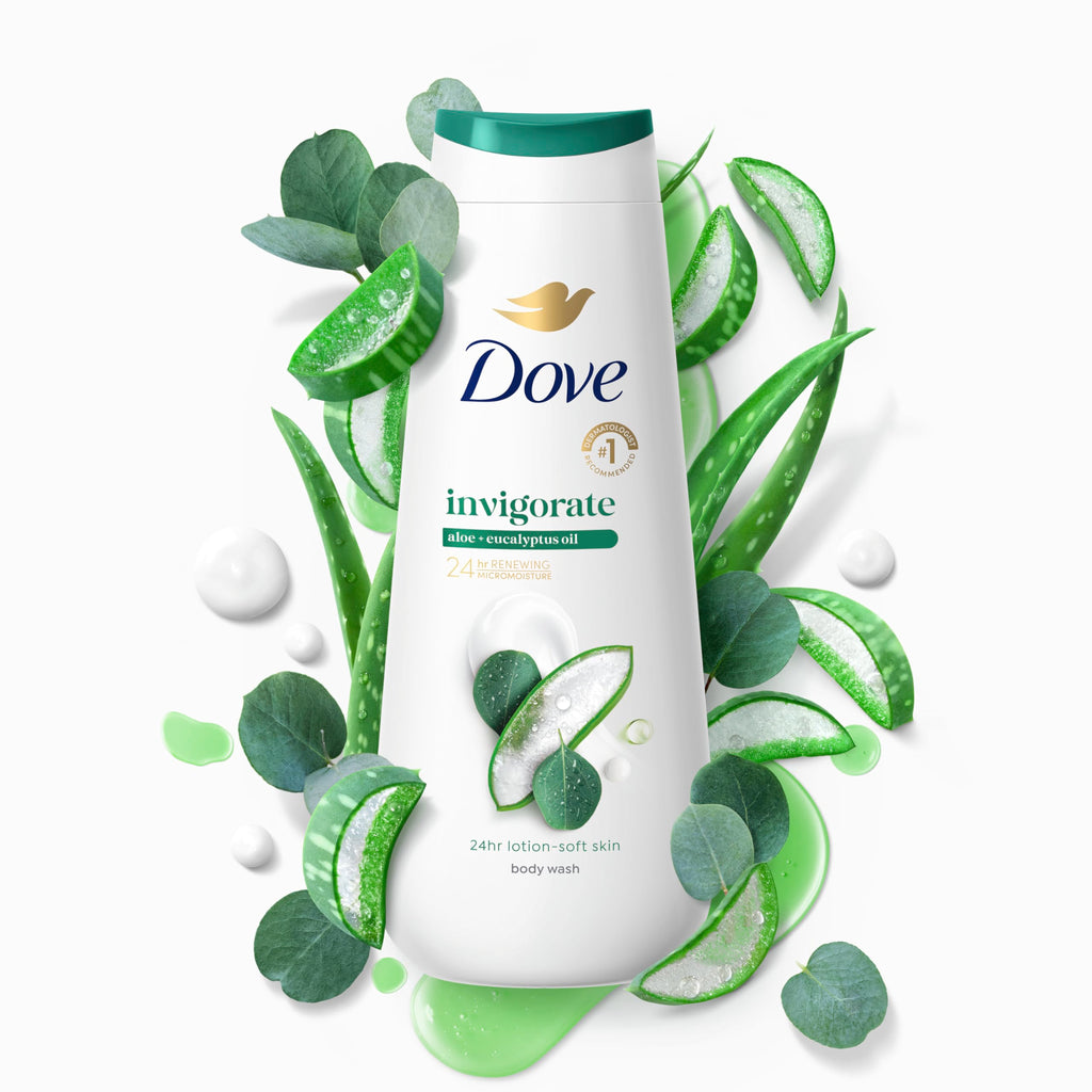 Dove Body Wash Invigorate Aloe & Eucalyptus For 24hr Lotion-Soft Skin Moisturizing Skin Cleanser with No Sulfates No Parabens 20 oz