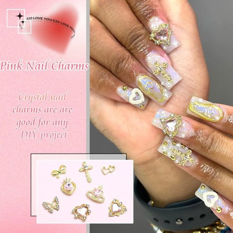 50PCS Gold Nail Charms Shiny Pink Heart Nail Charms Crystal Butterfly Charms Alloy Bowknot Charms 3D Cross Nail Charms for Nail Art and DIY Crafts Decoration