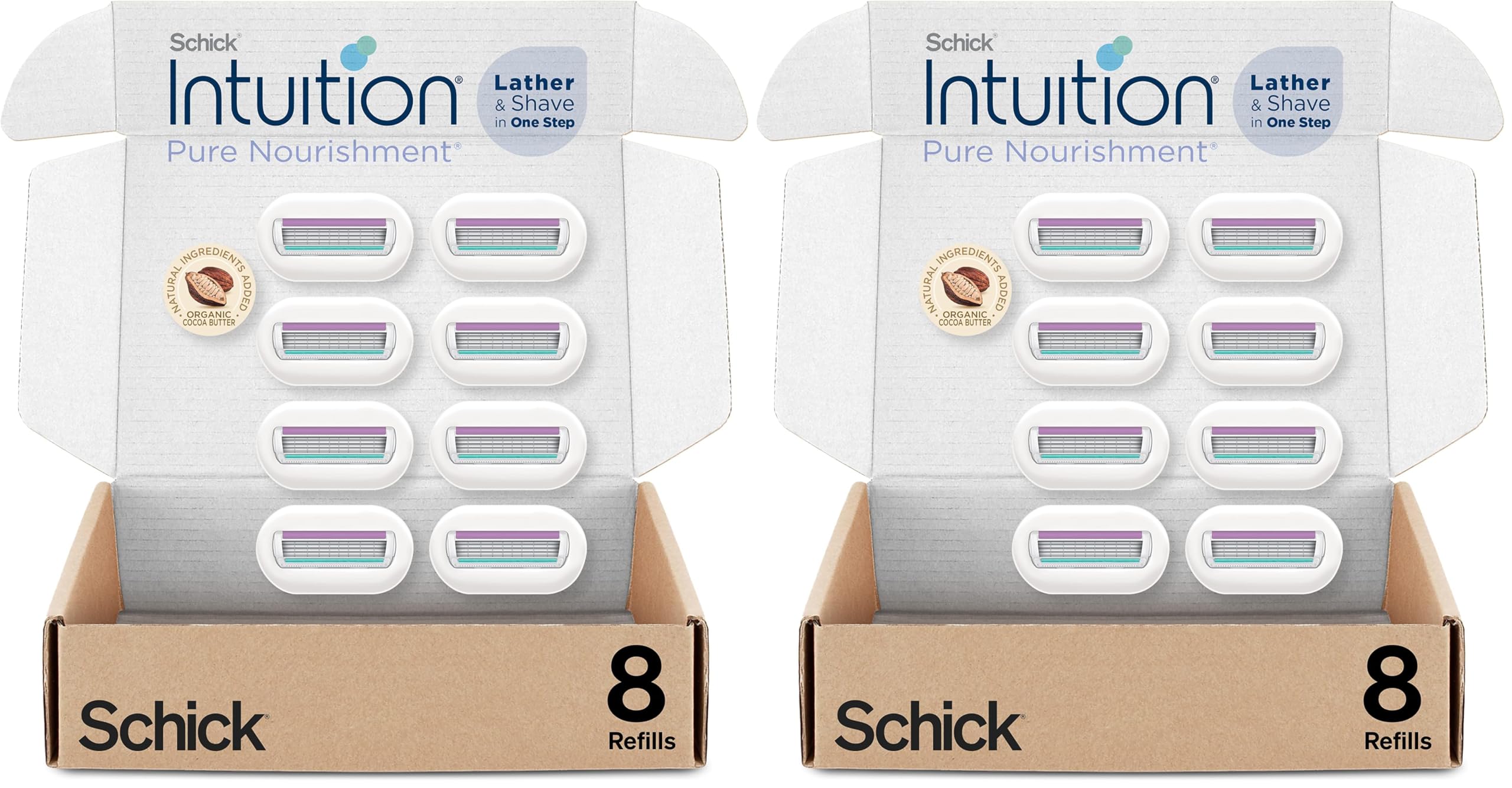 Schick Intuition Refill,Pure Nourishment Razors for Women | Intuition Razor Blades Refill with Organic Cocoa Butter,Razor Refills,8 Count (Pack of 2)