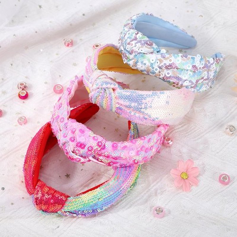 Fishdown Rainbow Sequin Knotted Headband 4pcs Sparkly Hair Accessories for Girls, Women,Iridescent Sequined Comfortable Headware,Glitter Fashion Iridescent Hairbands Fancy for Party Birthday Prom