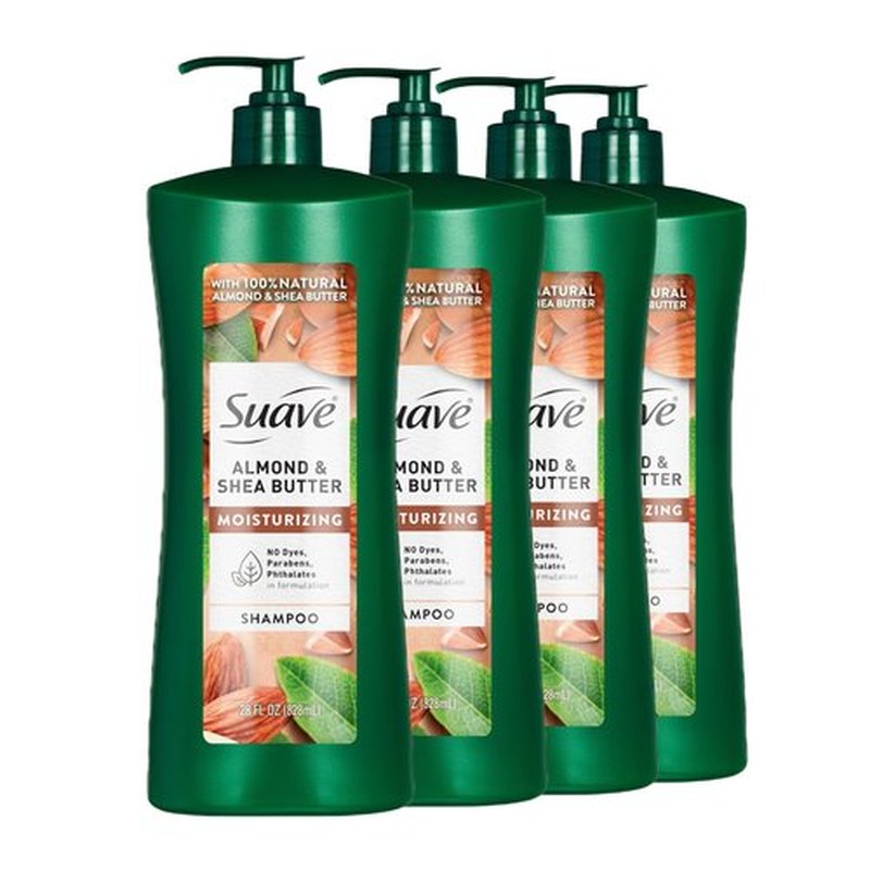 Suave Moisturizing Shampoo With 100% Natural Almond & Shea Butter, Replenishing Hair Care For Dry, Damaged Hair No Parabens, Phthalates, or Dyes, 4 Pack, 28 FL OZ EA