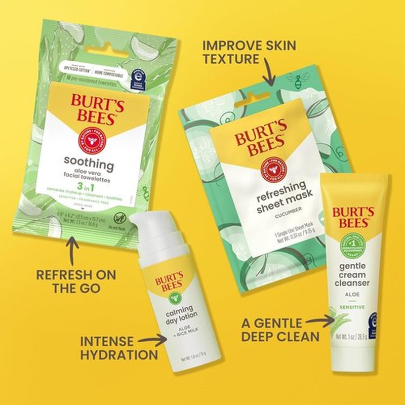 Burt's Bees Travel Size Gentle Skin Care Set - Cleanser, Towelettes, Lotion & Mask for Sensitive Skin