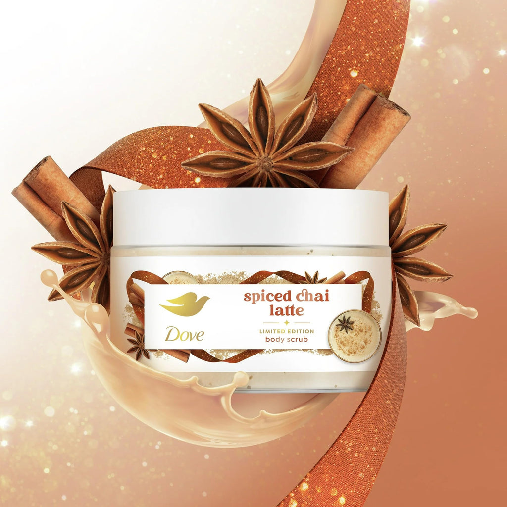 Dove Exfoliating Body Scrub – Spiced Chai Latte, Deeply Nourishing Exfoliant with ¼ Moisturizing Cream, 10.5 oz