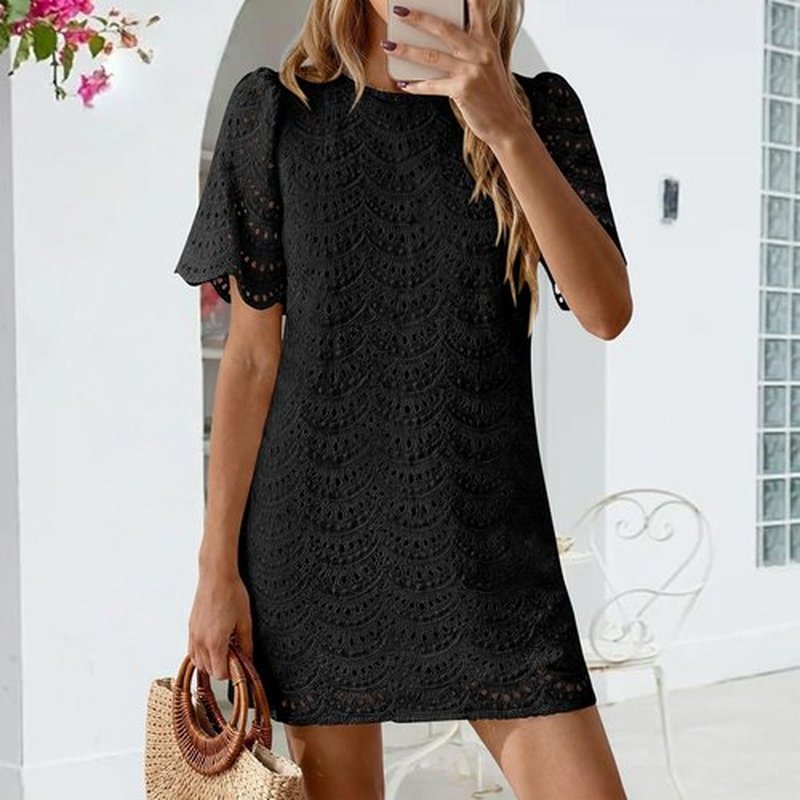Skiennix Eyelet Dress for Women - Hollow Out Lace Short Sleeve Mini Dress for Summer Vacations