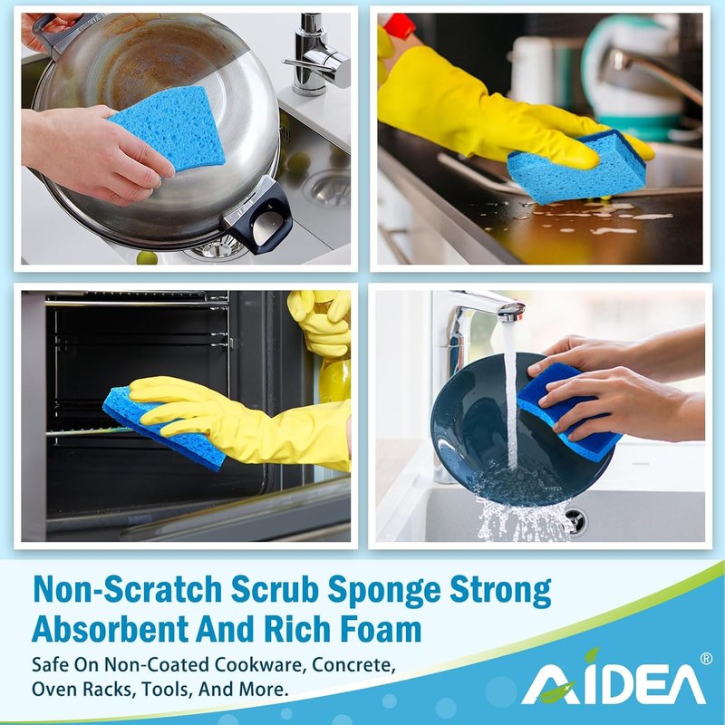 AIDEA Non-Scratch Scrub Sponges - Fast Cleaning Power for Dishes & Cookware | 6 Count