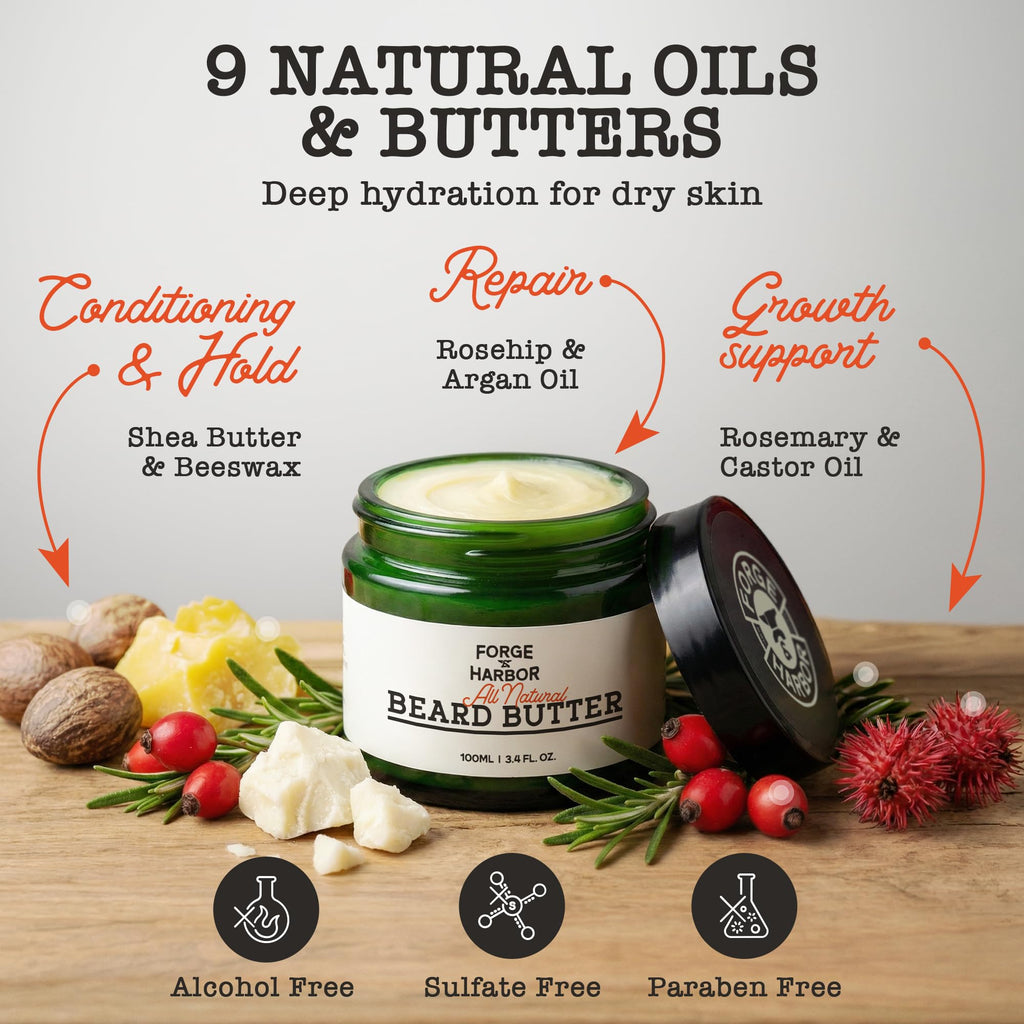 All Natural Beard Butter | Anti-flake, Anti-itch, Light Hold, Hydration & Growth Support | Beard Conditioner & Softener with Shea Butter, Beeswax, Rosehip, Castor & Argan Oils (3.4 Fl Oz (Pack of 1))