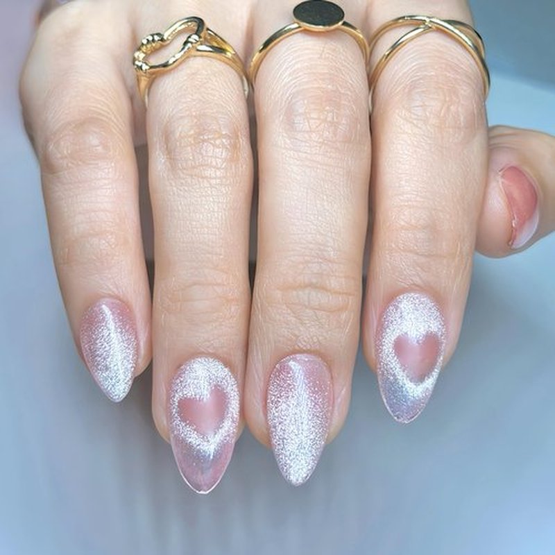 Sunruby Press On Nails Short Almond Cat Eye Jelly Pink|The Heart will Sparkle as You Move.Reusable Soft Gel Nails in 15 Sizes -30 Nail Kit with Glue|Designed in L.A, Handmade in Vietnam| Whisper Heart