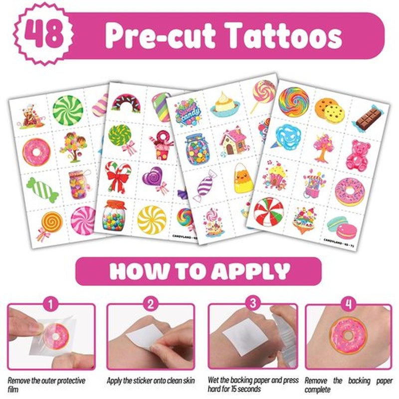 72PCS Candyland Party Set 48PCS Temporary Tattoos & 24PCS Slap Bracelets Fun Candy Themed Birthday Supplies, Baby Shower Gifts, Classroom Rewards & Party Decorations for Kids (Boys & Girls)