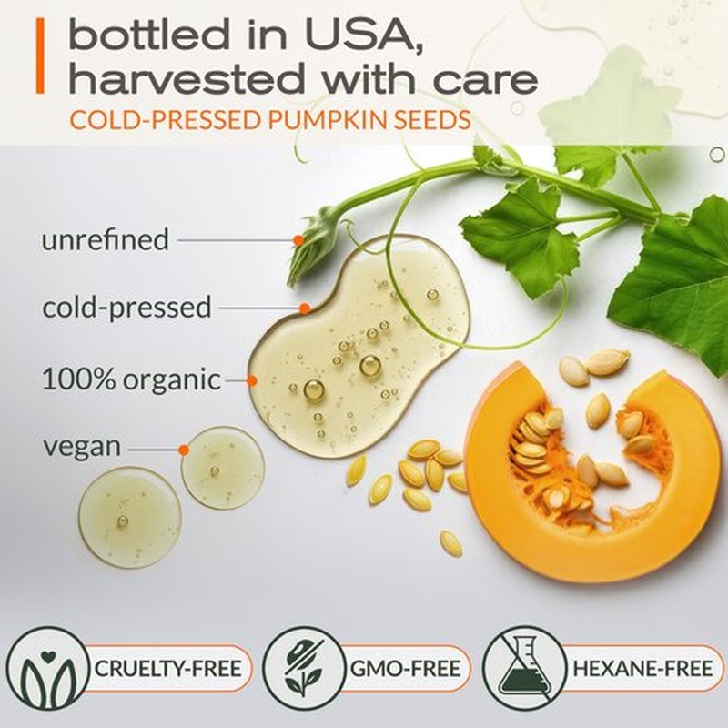 Ella & Eden Organic Pumpkin Seed Oil for Hair Growth - Cold-Pressed Hexane-Free Unrefined - 100% Pure USDA Certified - 4 Fl Oz Glass Bottle