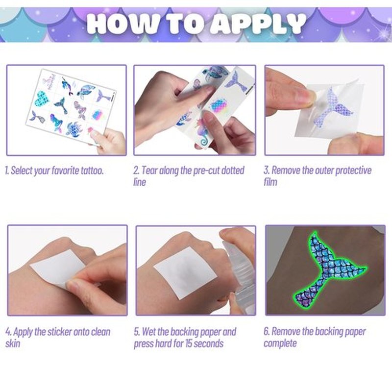 96PCS Mermaid Pre-Cut Temporary Tattoos for Kids - Cute Under the Sea Party Favors, Perfect for Ocean Mermaid-Themed Birthdays, School Rewards, and Baby Showers (Glow in the dark)