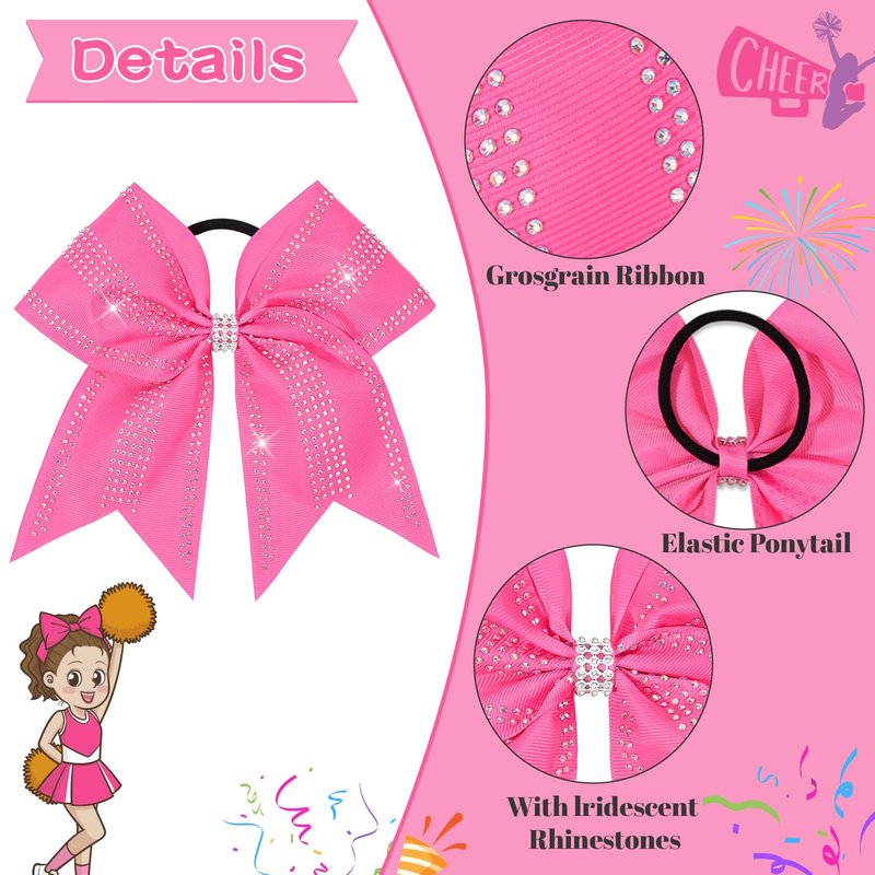 VOBOBE 12PCS Large Cheer Hair Bows for Cheerleader, Pink 8" Glitter Rhinestones Grosgrain Ribbon Elastic Band Ponytail Holder Hair Tie for Cheerleading Soccer Basketball Sport Competitions (Pink)