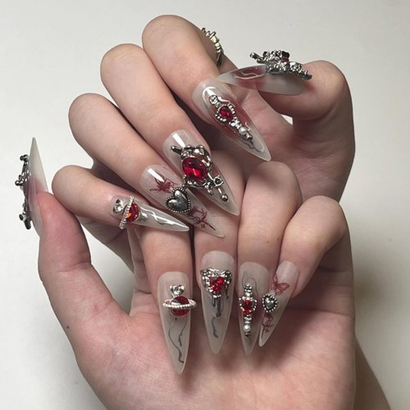 BABALAL Stiletto Press On Nails - Long, Fake, Sliver Glue, 3D, Red Planet Heart, Y2k Acrylic, 24pcs Almond Goth Manicure, Artificial Punk False Nails for Women & Girls