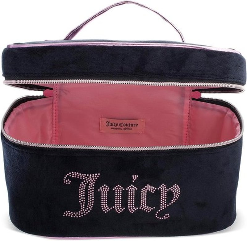 Juicy Couture Makeup Bag - Black Pink Velour Cosmetics Organizer with Rhinestones | Travel Essentials Case