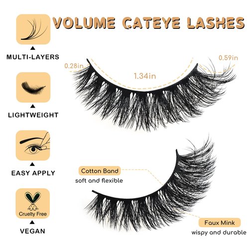 APCYUST Lashes Volume Mink Eyelashes 14 Pairs Cateye Lash Strips Wispy Cat Eye Lashes Natural Look Short Thick Fluffy False Strip Eyelash Full Small Fake Lashes Pack Black Pestañas Postizas for Women