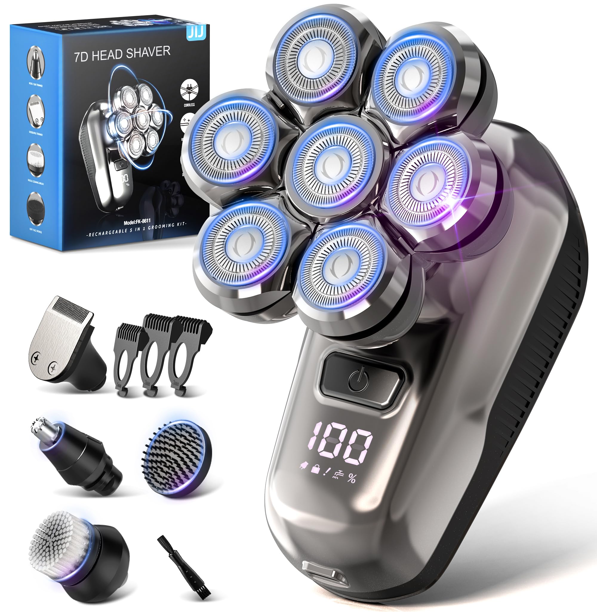 JIJ Head Shavers for Bald Men - 5-in-1 Electric Head Shaver Grooming Kit, 7D Floating Wet/Dry Electric Razor for Bald Heads with LED Smart Display, Turbo Speed & Type-C Charging (2000mAh)