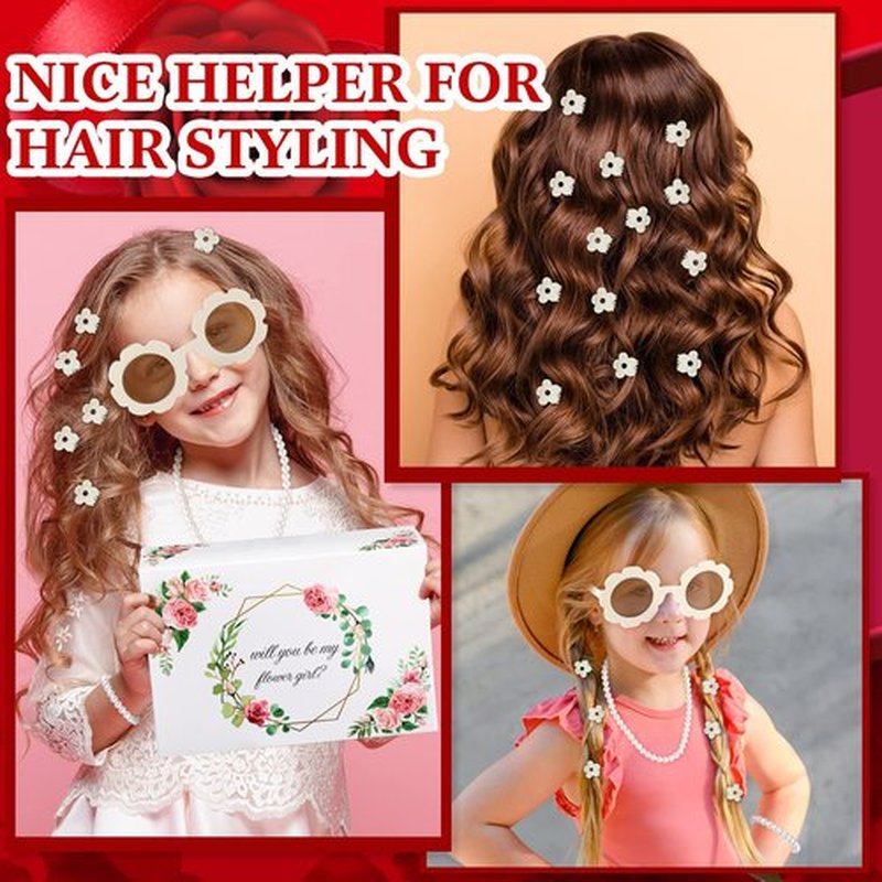16 Pcs Flower Girl Proposal Box Kit Gifts Round Glasses Necklace Pearl Bracelet Diamond Pen Hair Scrunchies Rose Will You Be My Flower Girl for Wedding(Milky White)