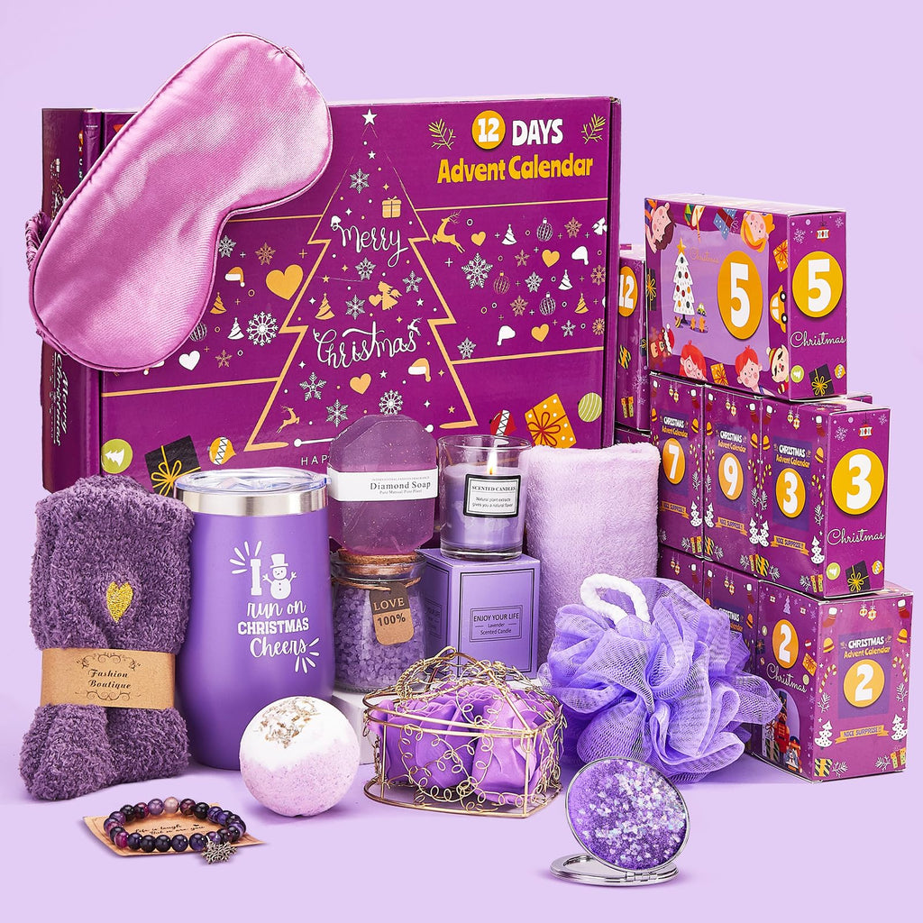 Advent Calendar 2025-12 Days of Christmas Advent Calendar for Women, Mom, Wife, Girlfriend, Sister, Her - Unique Lavender Spa Gifts Basket Set Includes Coffee Mugs, Scented Candle, Bath Salt, Soap