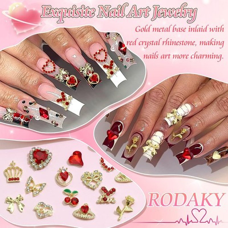 RODAKY 52PCS Valentines Nail Charms Red Heart Cherry Gems for Nails Metal Gold Butterfly Bows Roses Charms Jewelry Nail Art Accessories Supplies for Manicure DIY Design