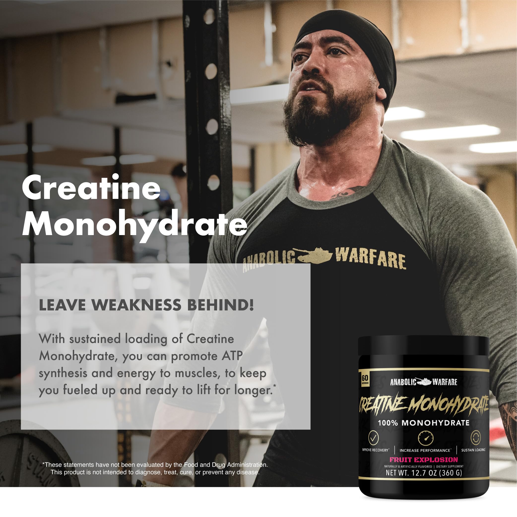 Anabolic Warfare Creatine Monohydrate, Post Workout Recovery, Increase Performance, Sustain Loading, Premium Creatine* (Fruit Explosion - 60 Servings)