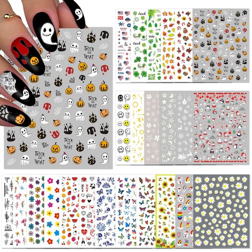 TailaiMei 24 Sheets Holiday Nail Stickers, Halloween, Christmas, Fall, Valentine Mixed All Seasons Variety Pack for Year-Round Seasonal Nail Art Decorations, Self-Adhesive Design Nail Decals