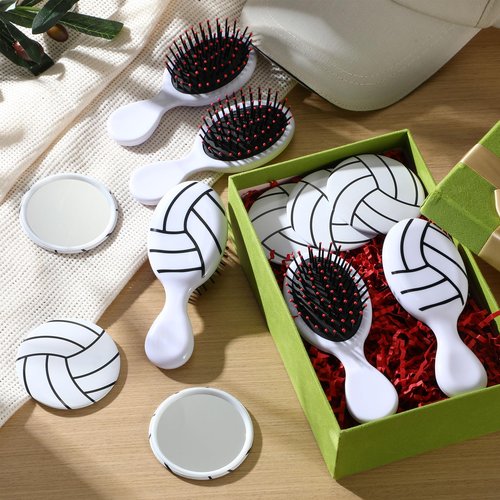 SiliFine 24 Pcs Volleyball Gifts for Team Bulk Include 12 Volleyball Air Cushion Hair Brush and 12 2.76 Inch Compact Mirror Round Makeup Mirror for Girl Player