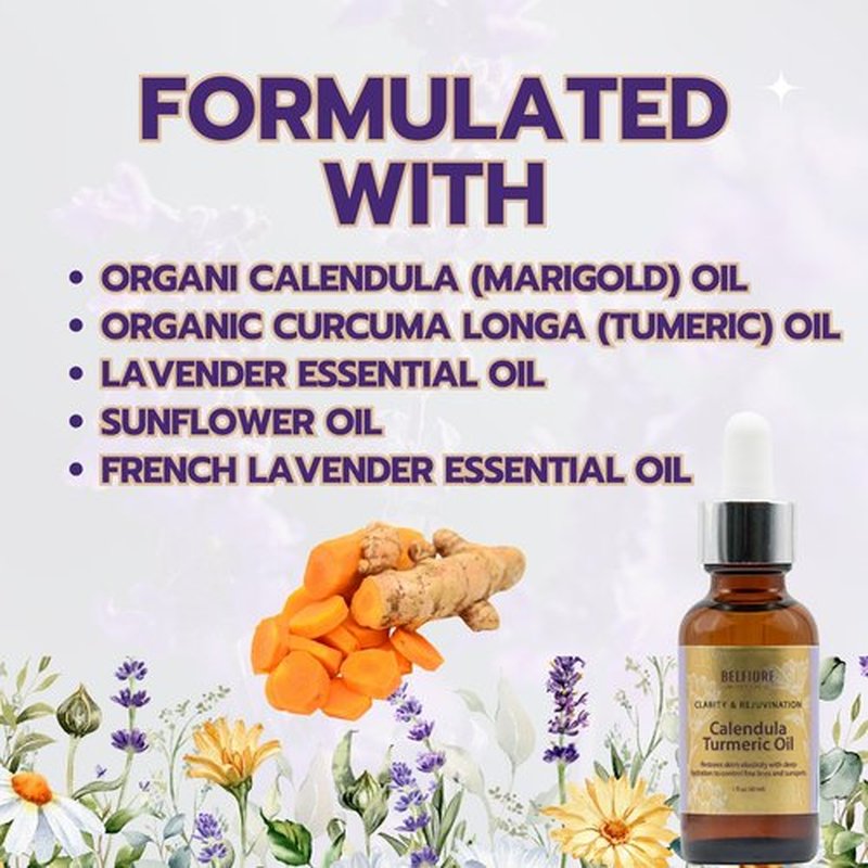 Belfiore Herbal Calendula Turmeric 100% Pure Natural Organic Oil, Healthy Skin, Collagen Boosting Anti Wrinkle, Vegan, 1 ounce
