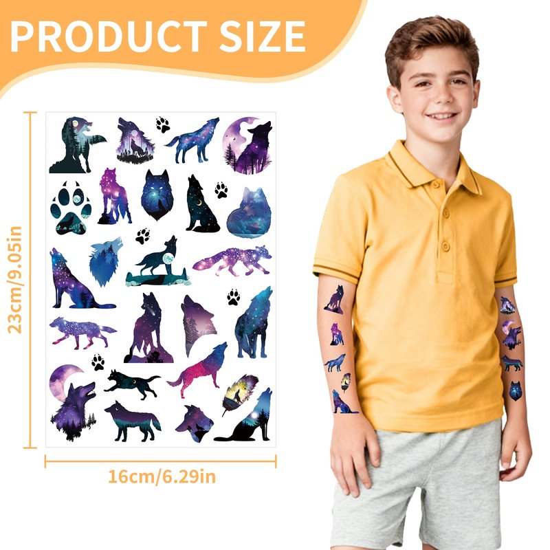 Wolf Party Temporary Tattoos - 200+ Animal Themed Tattoos Birthday Party Favors Supplies Decorations, Beautiful Starry Sky Wolves Body Art