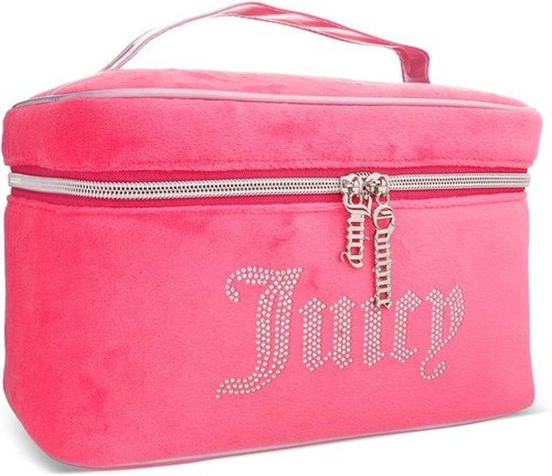 Juicy Couture Pink Silver Makeup Bag - Velour Cosmetics Organizer with Rhinestones | Travel Essentials Case