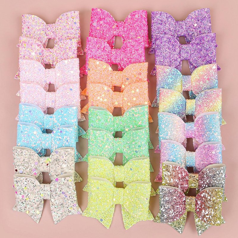 XIMA Glitter Hair Bows for Girls, 24 Piece Set with Alligator Clips, Rainbow Sparkle Hair Accessories