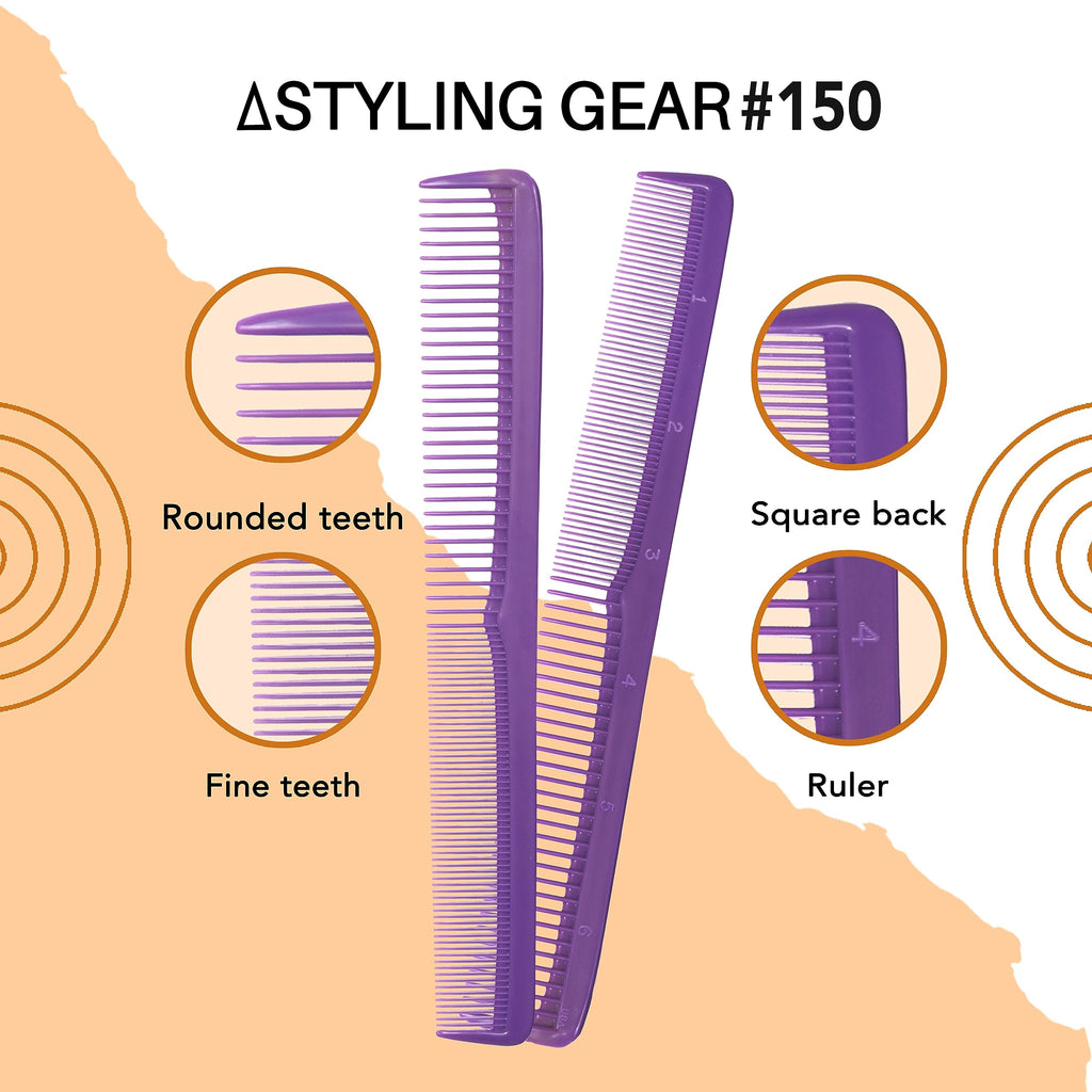 Styling Gear #150 Comb Set Of 3 Barber Cutting, Men's And Women's Pocket Combs For Hairstyling, Beard, And Mustache Grooming. Made In The USA. (Purple)