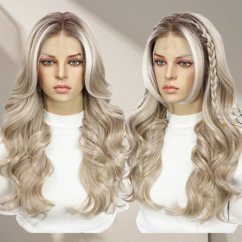 BABEHERS Blonde Lace Front Wig 13x4 Pre Plucked Synthetic Wig for Women Omber Layered Wig with Dark Roots Natural Looking Body Wave Cosplay Daily Party Use, 22 Inch