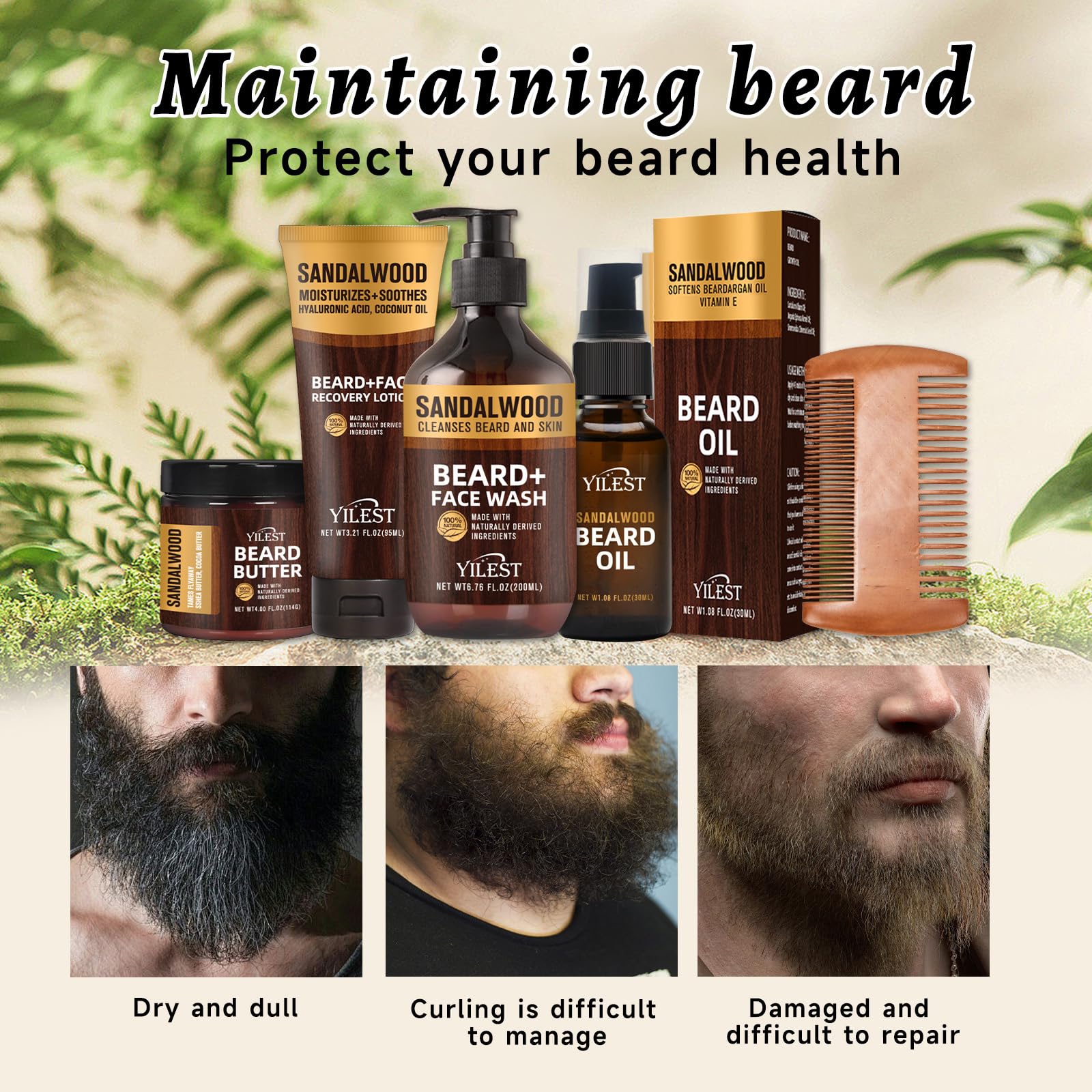 Sandalwood Beard Care Set – The Perfect Father's Day Gift | Nourish Follicles for Elastic Growth, Deeply Condition with Butter & Oil, Soothe Skin with Recovery Lotion & Gentle Wash