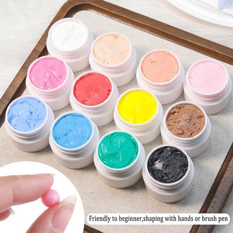 Fcozpjk 3D Sculpture Gel, 12 Colors Non-sticky Hand Builder Nail Gel Kit with Silicone Carving Pen Hard Gels for Nails Flowers Modeling Nail Clay Glue Painting Drawing Manicure Salon Supplies