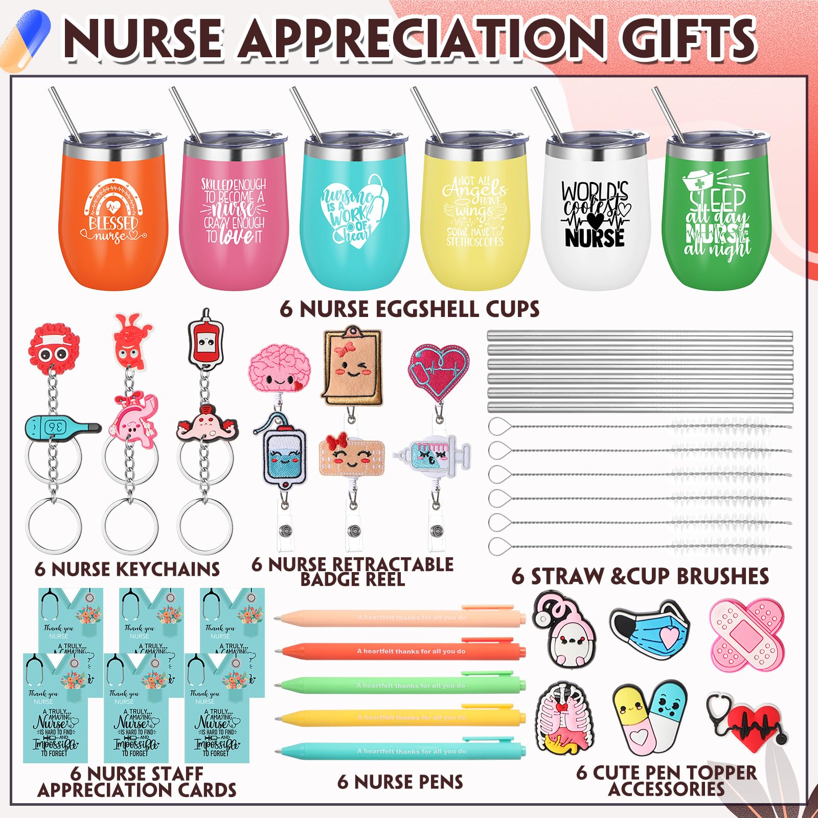 Patelai 36 Pcs Nurse Gifts for Women, 2026 Nurse Appreciation Gifts Bulk, 12 oz Tumbler Cute Pen Keychain Badge Reel Cards for 2026 Nursing Week Graduation Office Supplies